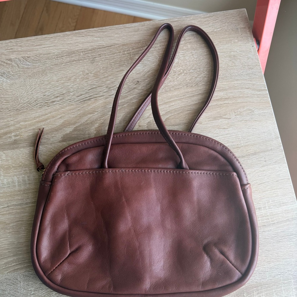 Vintage Brown Leather Shoulder Bag Brass Talon Zipper Minimalist Boho Oval Bag